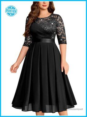 Formal Wedding Guest Dress Plus Size Lace Sequin Midi Dress